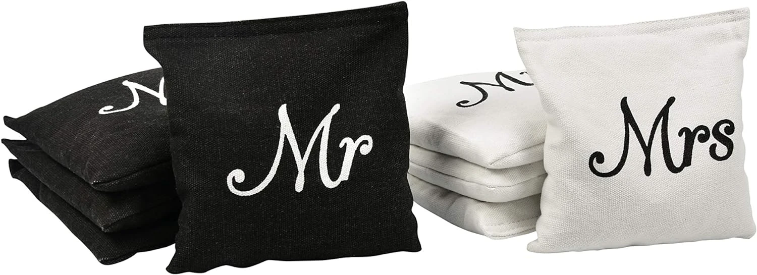 GoSports Wedding Theme Cornhole Bag Set - Includes 4 Black Mr Bags And 4 White Mrs Bags